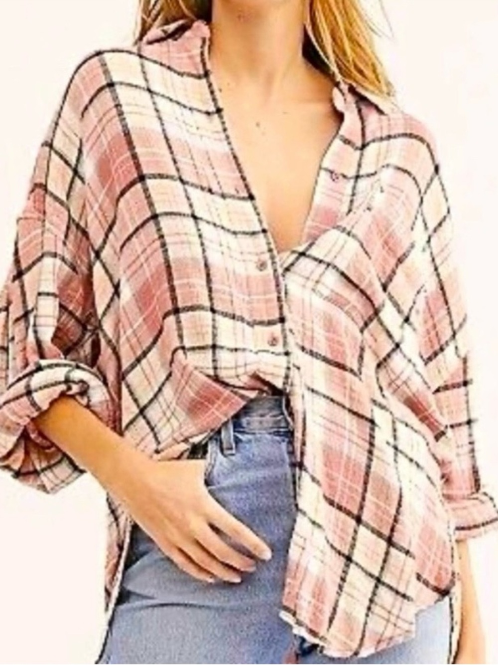 Free People Hidden Valley Oversized Pink Plaid Button Down Wrap Top Small